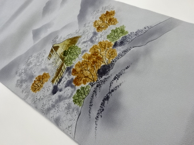 縮緬地手描き家屋・木々・風景模様名古屋帯